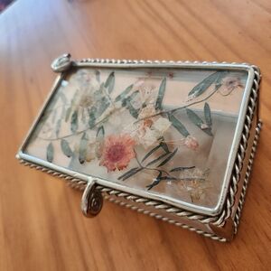 Vintage Dried Flower Beveled & Etched Silver & Glass Casket Jewelry Trinket Box